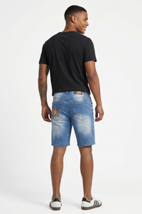Men's Blue Star Studded Distressed Ripped Denim Shorts