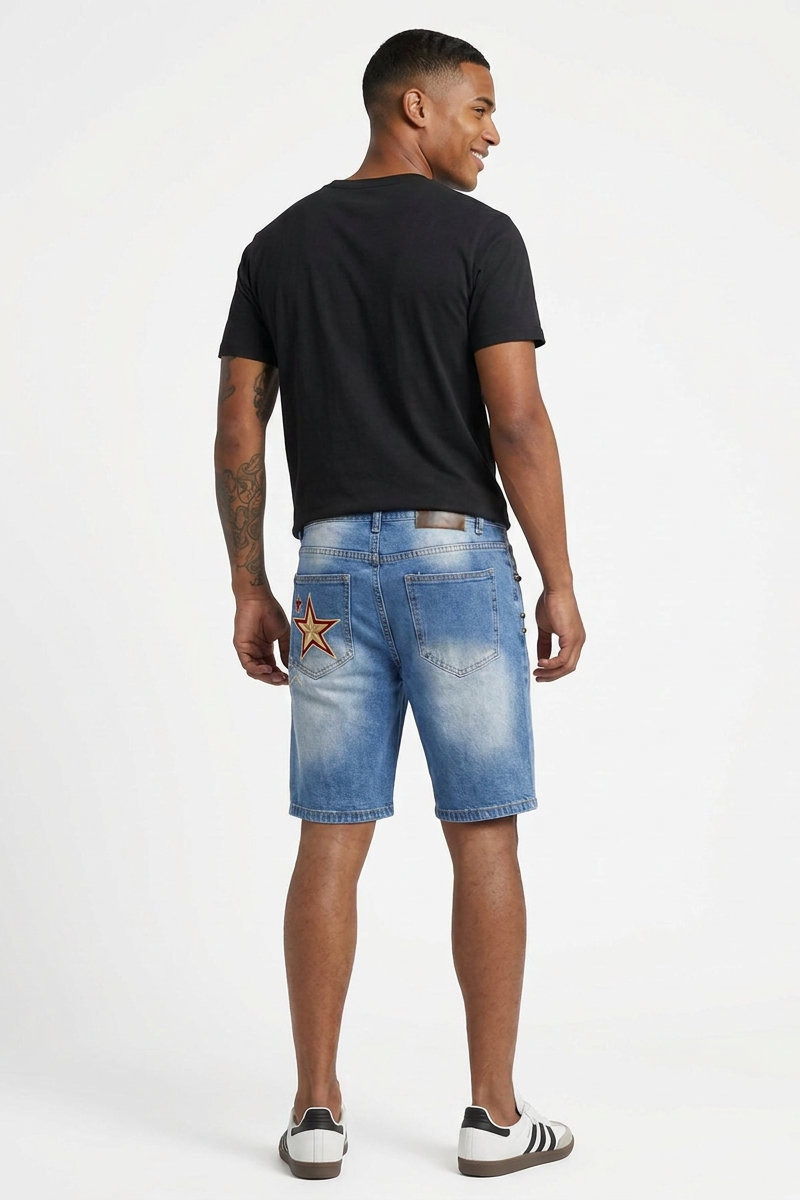 Men's Blue Star Studded Distressed Ripped Denim Shorts