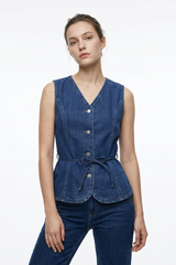 Women's Blue V-Neck Button-Front Denim Waistcoat
