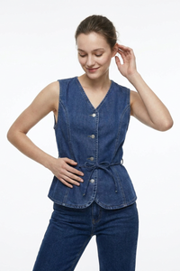 Women's Blue V-Neck Button-Front Denim Waistcoat