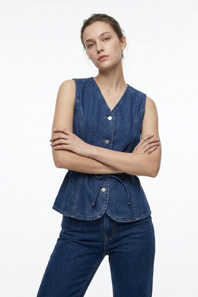 Women's Blue V-Neck Button-Front Denim Waistcoat