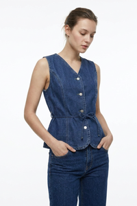 Women's Blue V-Neck Button-Front Denim Waistcoat