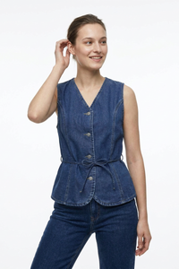 Women's Blue V-Neck Button-Front Denim Waistcoat