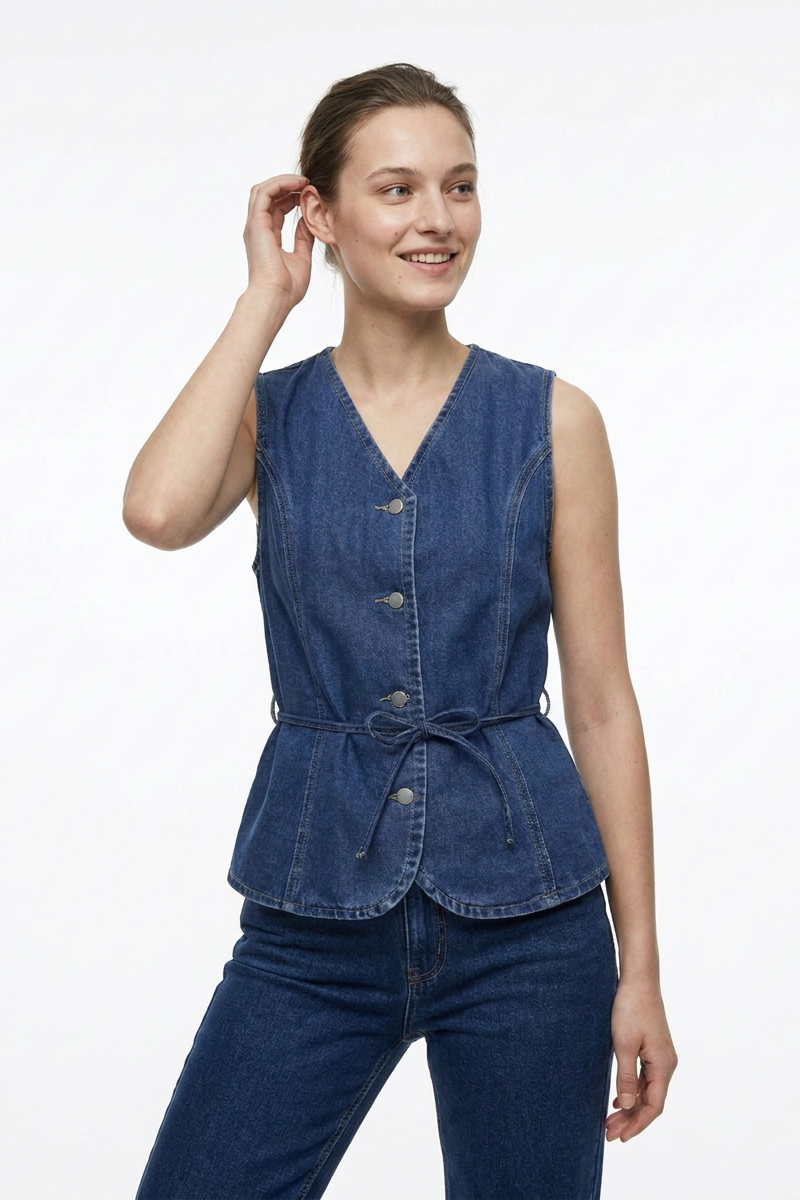Women's Blue V-Neck Button-Front Denim Waistcoat
