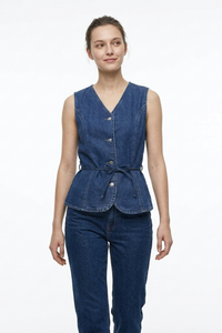Women's Blue V-Neck Button-Front Denim Waistcoat