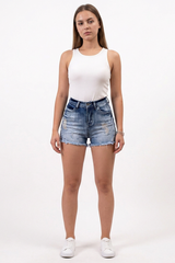 Women's Vintage Wash High-Waisted Ripped Denim Shorts