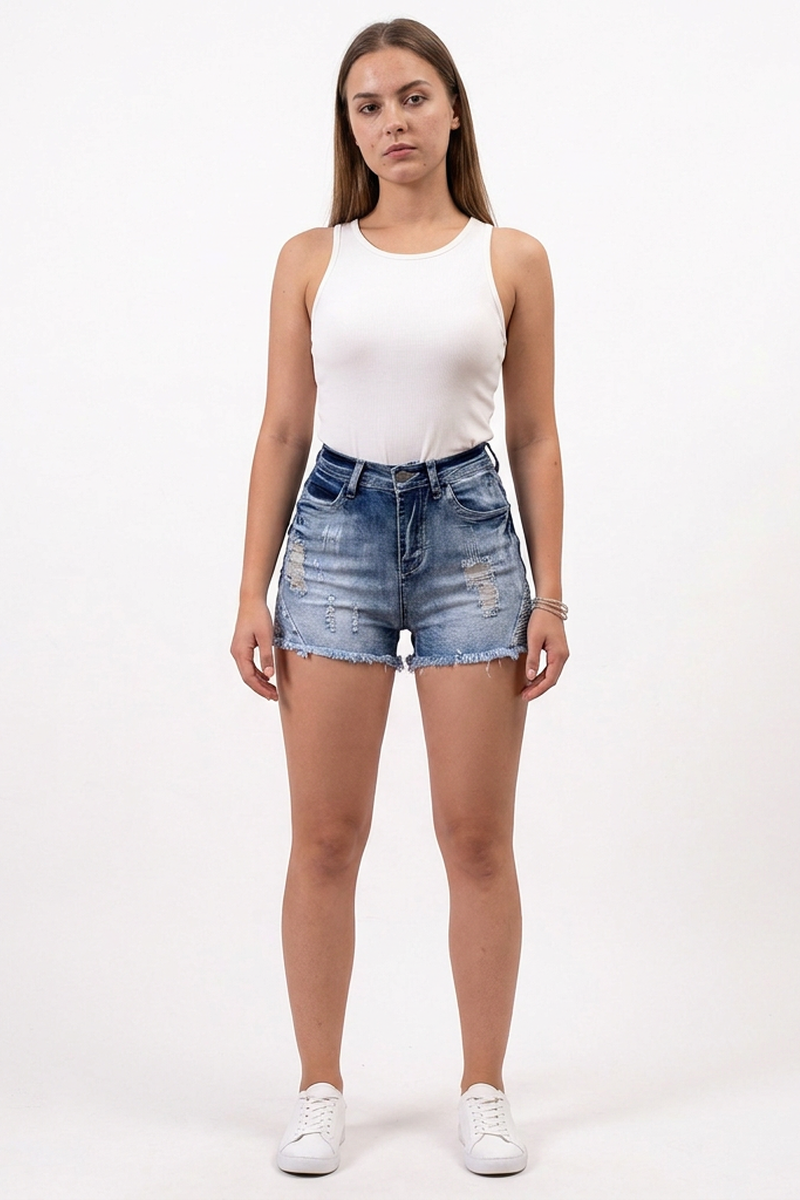 Women's Vintage Wash High-Waisted Ripped Denim Shorts