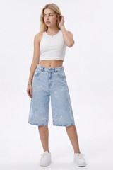 Women's Rhinestone Detail Wide-Leg Denim Shorts