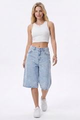 Women's Rhinestone Detail Wide-Leg Denim Shorts