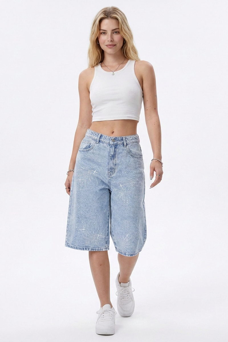 Women's Rhinestone Detail Wide-Leg Denim Shorts