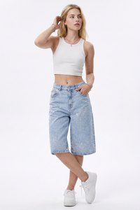 Women's Rhinestone Detail Wide-Leg Denim Shorts
