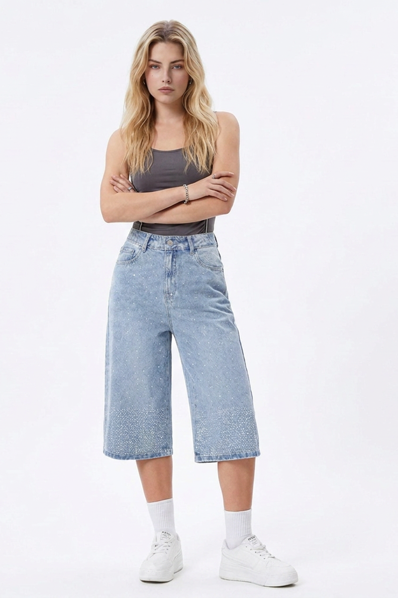 Women's High-Waisted Rhinestone DetailWide-Leg Denim Shorts