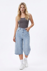 Women's High-Waisted Rhinestone DetailWide-Leg Denim Shorts
