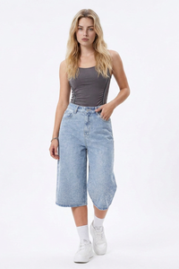 Women's High-Waisted Rhinestone DetailWide-Leg Denim Shorts