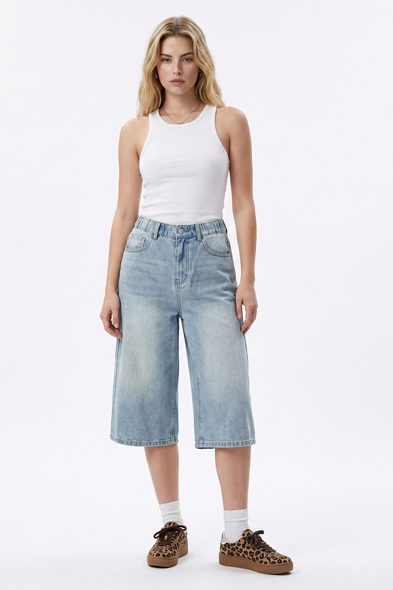 Women's High-Waisted Loose Fit Bermuda Denim Shorts