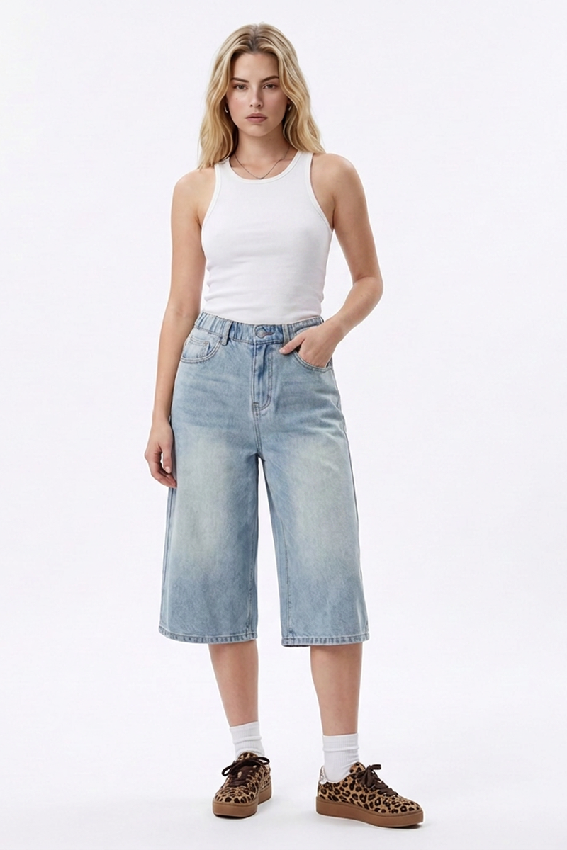Women's High-Waisted Loose Fit Bermuda Denim Shorts