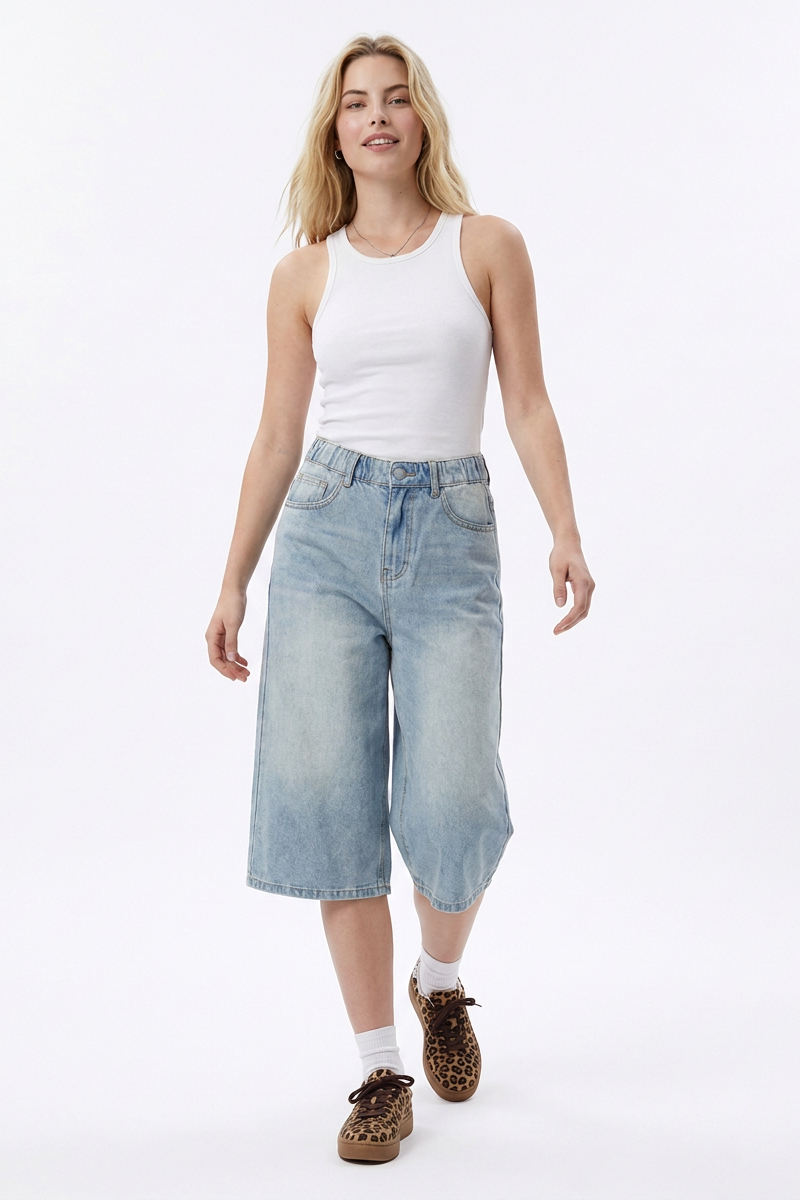Women's High-Waisted Loose Fit Bermuda Denim Shorts