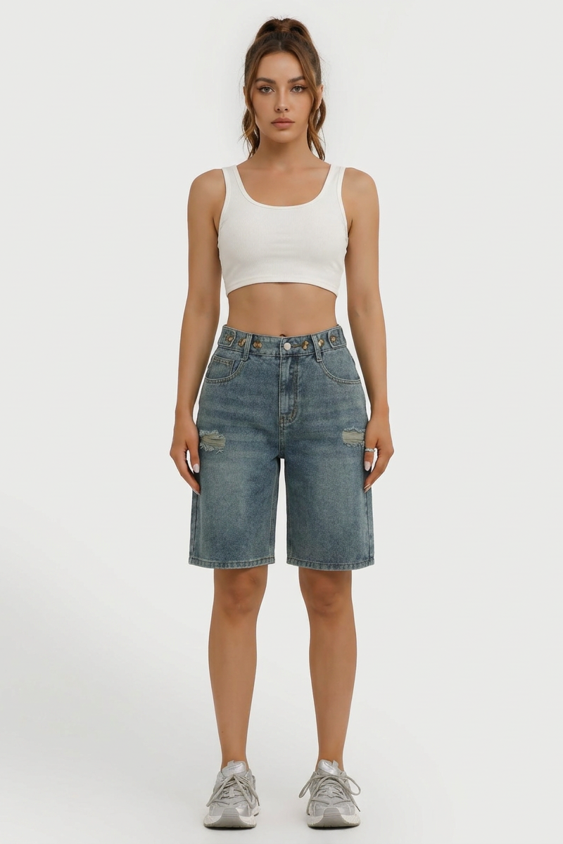 Women's Distressed High-Waisted Knee-Length Denim Shorts