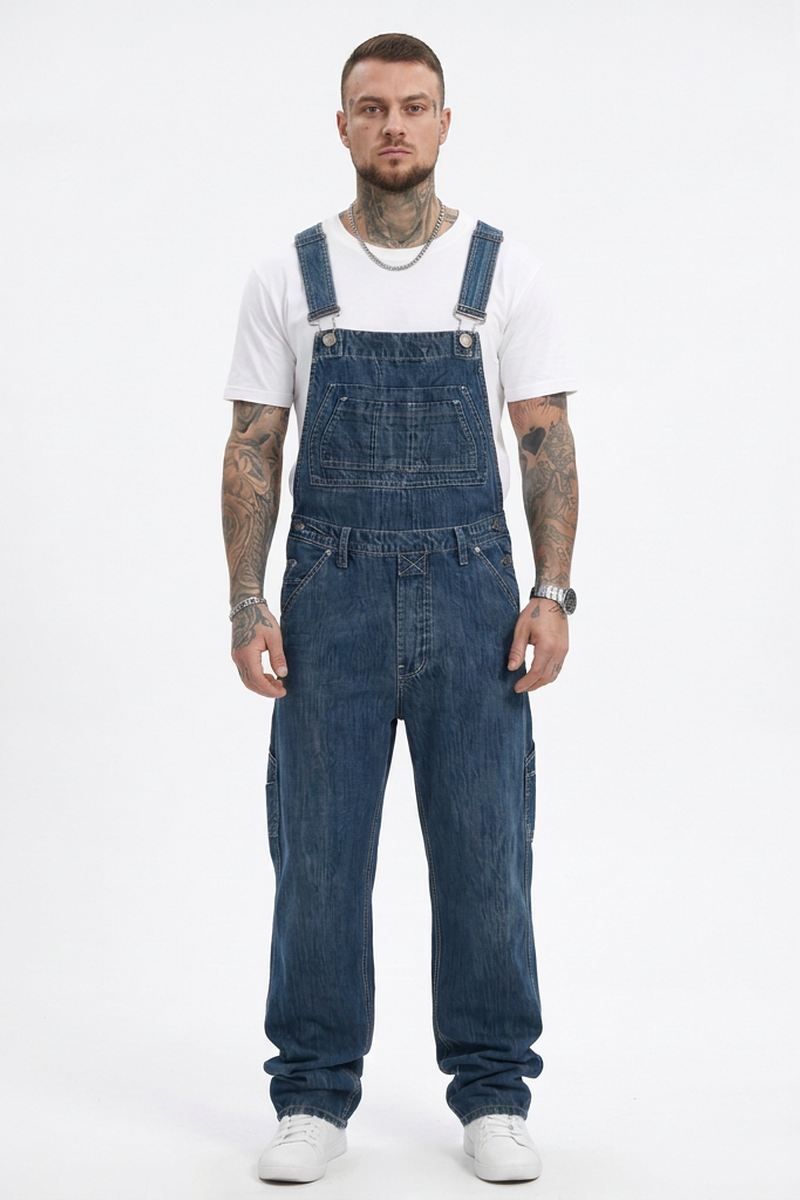 Men's Vintage Washed Side Pocket Denim Overalls