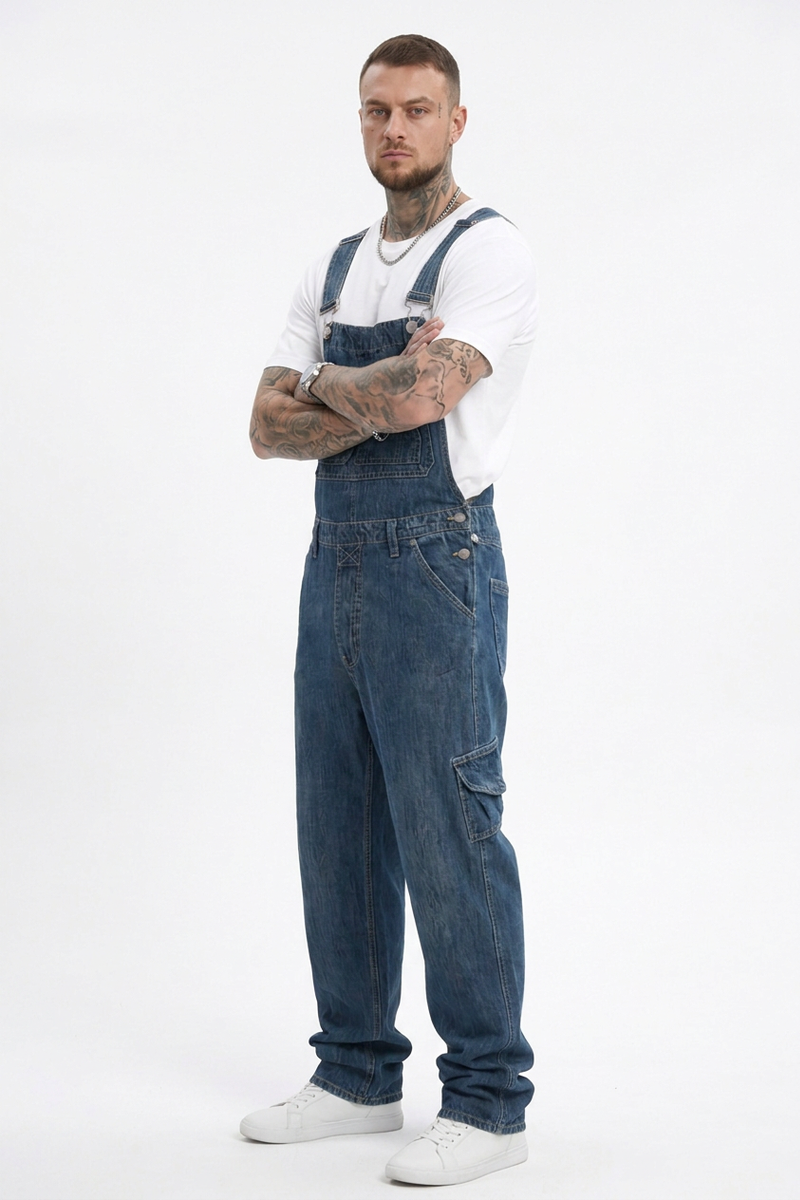 Men's Vintage Washed Side Pocket Denim Overalls