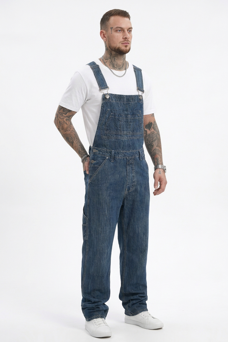 Men's Vintage Washed Side Pocket Denim Overalls