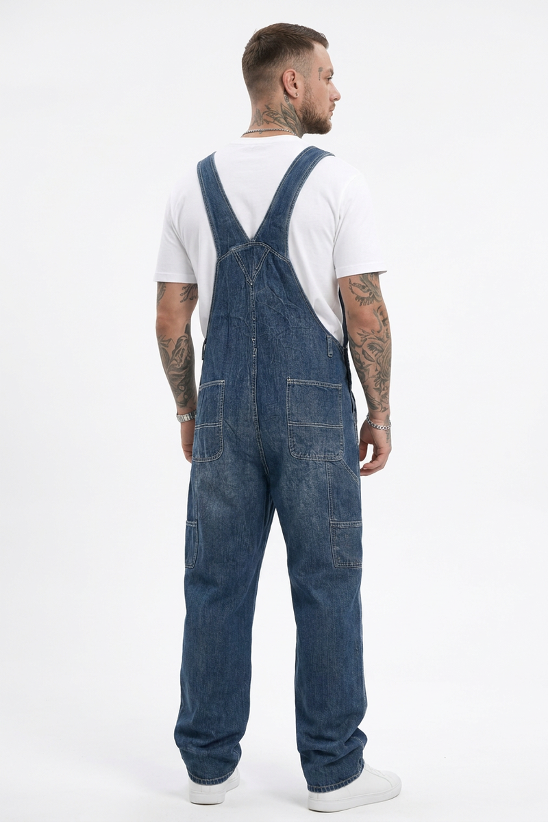 Men's Vintage Washed Side Pocket Denim Overalls