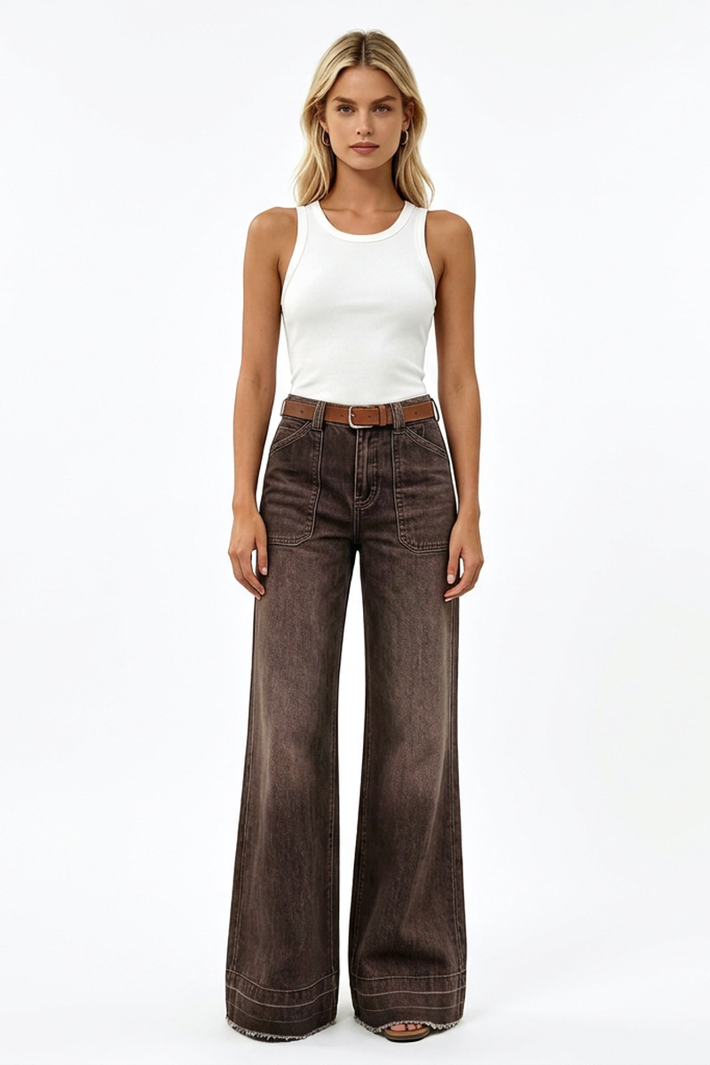 Women's Vintage Brown Washed Patch Pocket Wide Leg Jeans