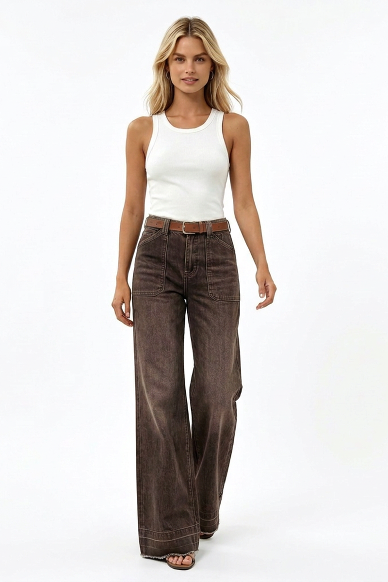 Women's Vintage Brown Washed Patch Pocket Wide Leg Jeans