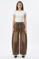 Women's Vintage Washed Button Front Pleated Wide Leg Jeans