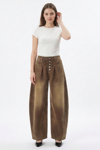 Women's Vintage Washed Button Front Pleated Wide Leg Jeans