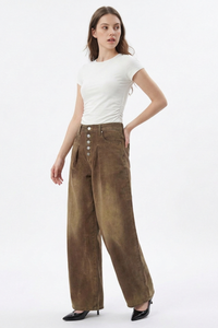 Women's Vintage Washed Button Front Pleated Wide Leg Jeans