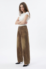 Women's Vintage Washed Button Front Pleated Wide Leg Jeans