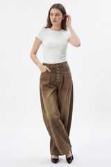 Women's Vintage Washed Button Front Pleated Wide Leg Jeans