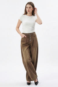 Women's Vintage Washed Button Front Pleated Wide Leg Jeans