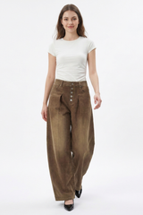 Women's Vintage Washed Button Front Pleated Wide Leg Jeans