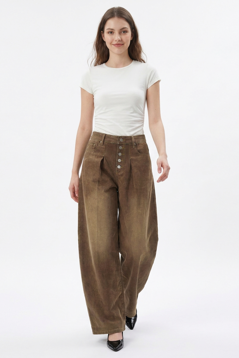Women's Vintage Washed Button Front Pleated Wide Leg Jeans