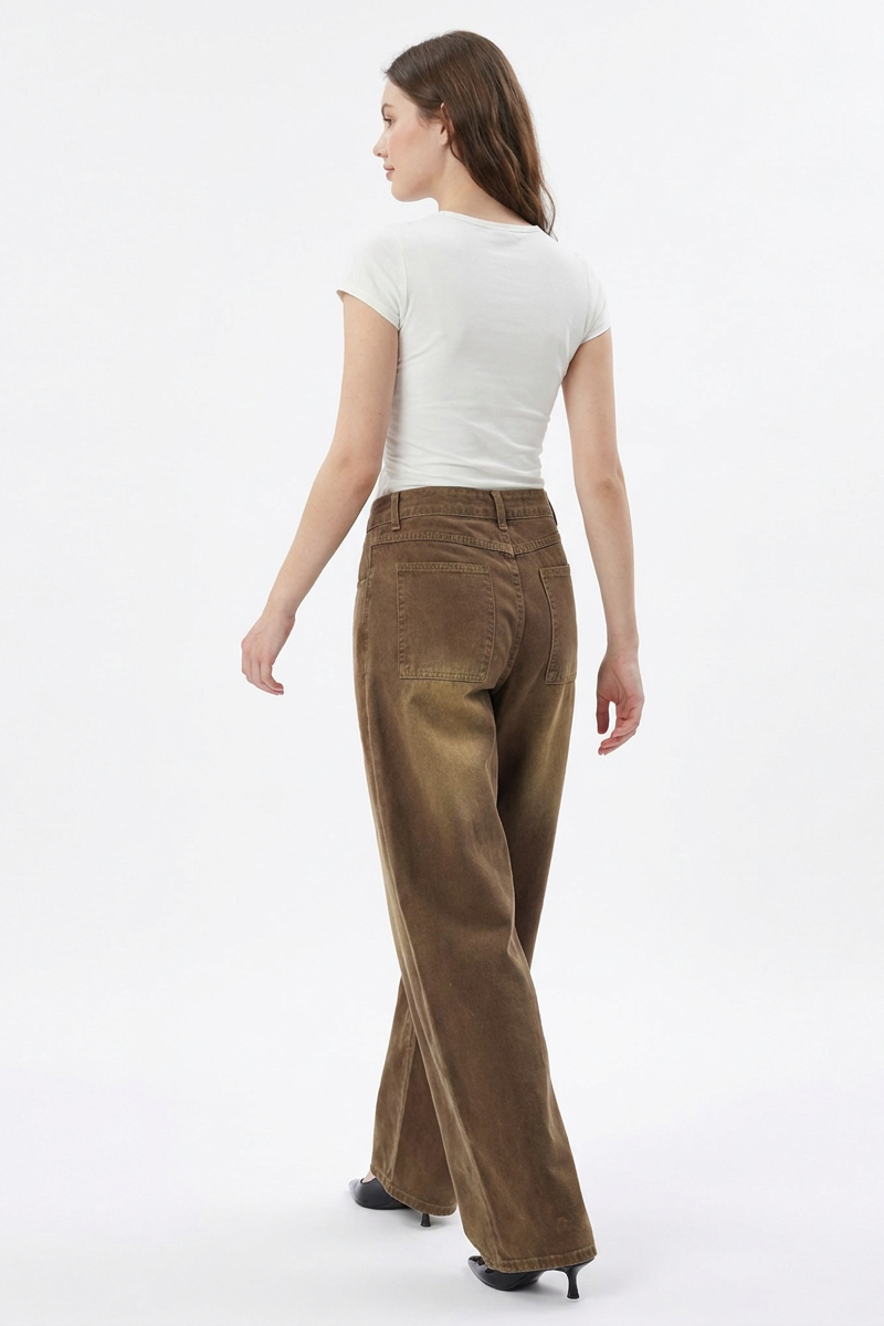 Women's Vintage Washed Button Front Pleated Wide Leg Jeans