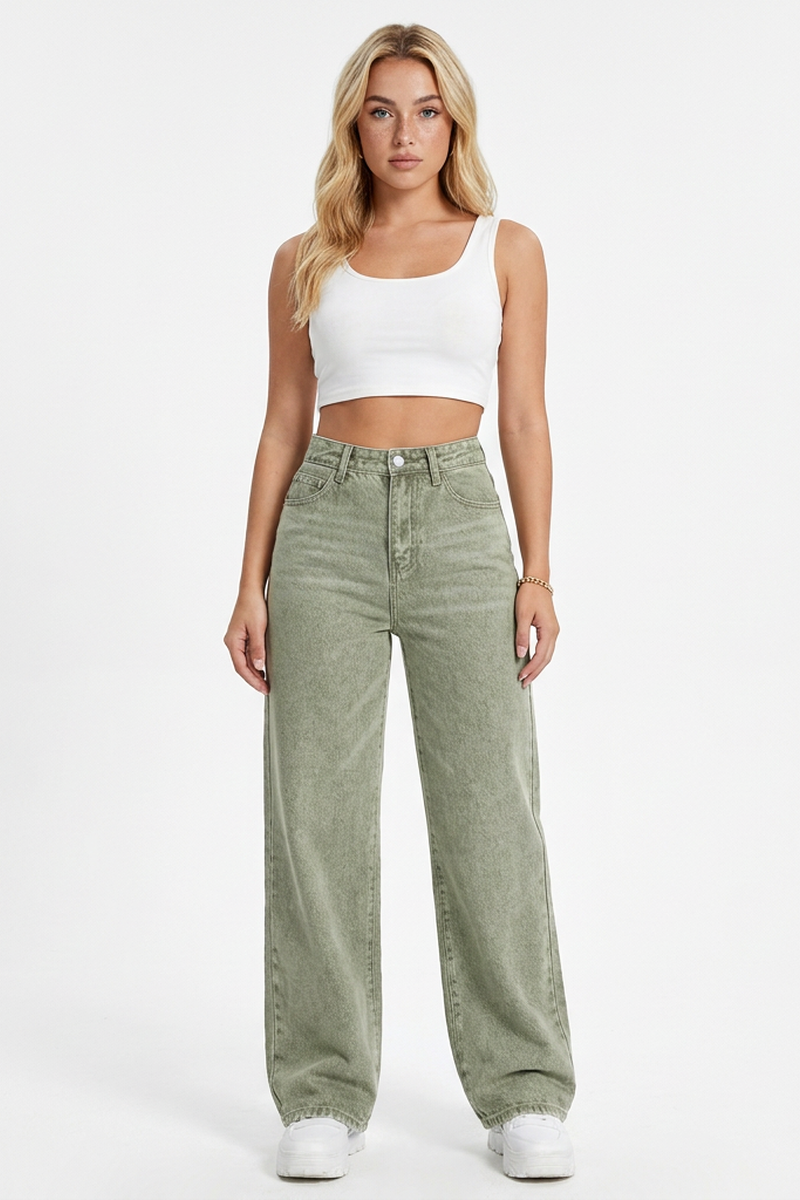 Women's Grey-Green High-Waisted Straight-Leg Jeans