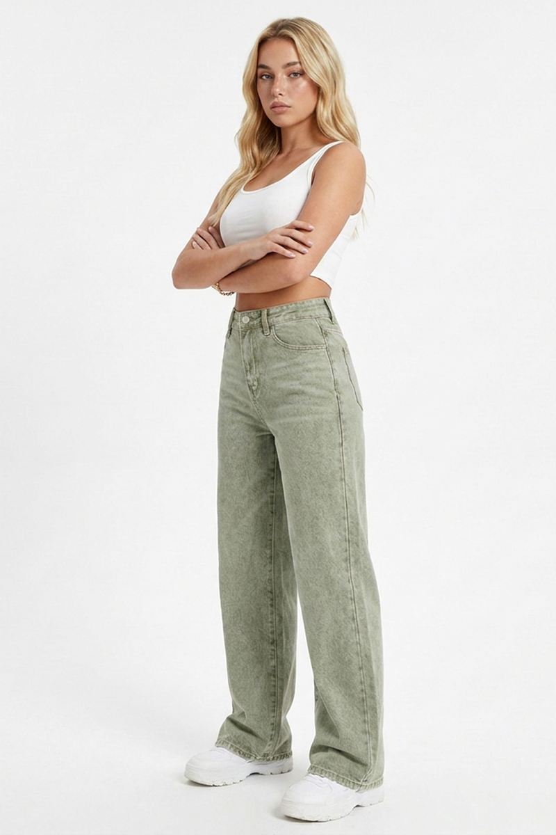 Women's Grey-Green High-Waisted Straight-Leg Jeans