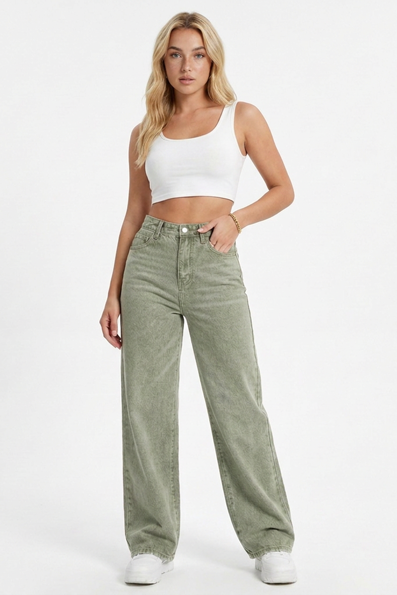 Women's Grey-Green High-Waisted Straight-Leg Jeans