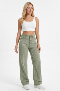 Women's Grey-Green High-Waisted Straight-Leg Jeans
