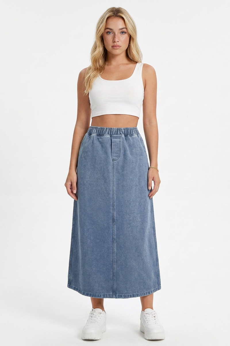 Women's Blue Vintage Washed Denim Midi Skirt