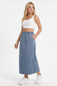 Women's Blue Vintage Washed Denim Midi Skirt