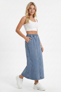 Women's Blue Vintage Washed Denim Midi Skirt