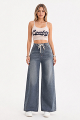 Women's High-Waisted Drawstring Waist Wide-Leg Jeans