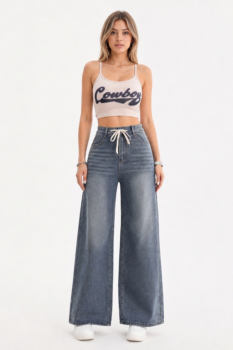 Women's High-Waisted Drawstring Waist Wide-Leg Jeans