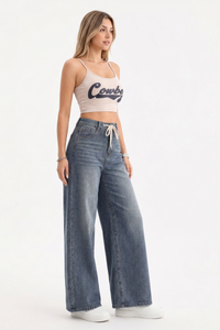 Women's High-Waisted Drawstring Waist Wide-Leg Jeans