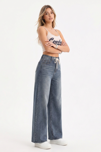 Women's High-Waisted Drawstring Waist Wide-Leg Jeans