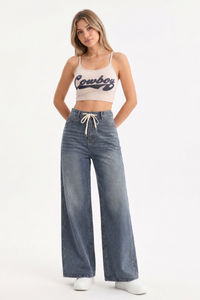 Women's High-Waisted Drawstring Waist Wide-Leg Jeans