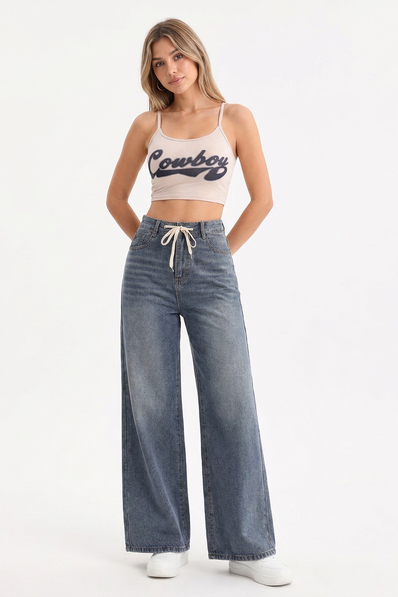 Women's High-Waisted Drawstring Waist Wide-Leg Jeans
